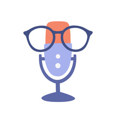 Concept design for geek podcast. Logo and symbol idea for podcast show or broadcasting. Online talking. Microphone with glasses on it. Radio science show. Communication and education icon