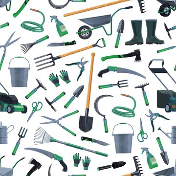 Garden and farm tools vector seamless pattern. Agriculture equipment background with rake, shovel, fork and wheelbarrow, spade, trowel, bucket and watering hose, pitchfork, axe, pruners and boots