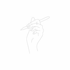 Linear vector drawing of hand and pencil. Contacts icon. Illustration with hand.