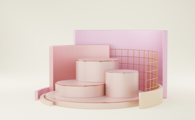 3 Empty old rose cylinder podium with copper border, gold grid, pink square wall on background. Abstract luxury minimal studio 3d geometric shape object. Mockup space of product design. 3d render.