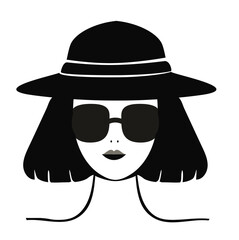 Avatar girl with hat and glasses. Black color logo on an isolated white background. For advertising, print on clothes. Graphic illustration