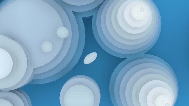 3d animation, circles on blue background or sky with clouds
