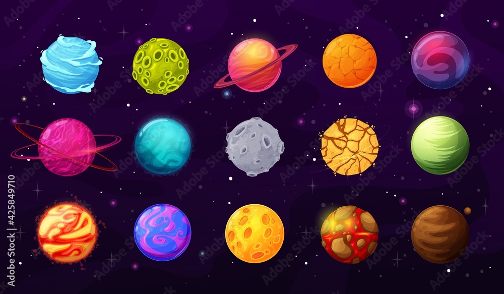 Poster Fantasy space planets, stars and asteroids cartoon vector set. Alien worlds, planets with craters, cracks and lava on surface, orbital rings vector. User GUI, UI graphic interfaces and game elements