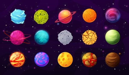 Fantasy space planets, stars and asteroids cartoon vector set. Alien worlds, planets with craters, cracks and lava on surface, orbital rings vector. User GUI, UI graphic interfaces and game elements © Vector Tradition