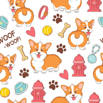 Seamless pattern with cute cartoon corgi dogs and accessories.Vector illustration.