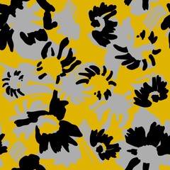 summer bright floral seamless pattern, black gray flowers on a yellow background. print for fabric, paper, web.