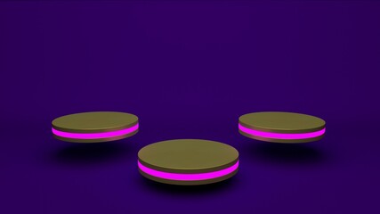 Golden product stand futuristic or podium pedestal on empty display with purple backdrops. 3D rendering.