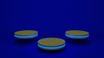 Golden product stand futuristic or podium pedestal on empty display with blue backdrops. 3D rendering.