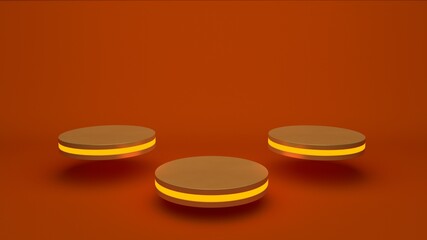 Golden product stand futuristic or podium pedestal on empty display with orange backdrops. 3D rendering.