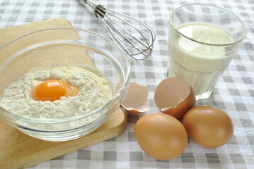 Ingredients for baking or scrambled eggs or omlette