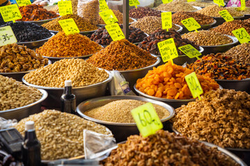Assorted nuts and dried fruits in turkish market in Antalya, Turkey