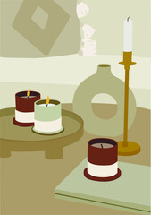 Boho cozy home. Candles on the table, a vase and a sofa with a pillow. Spa concept illustration with candles.