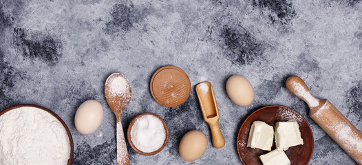 Fototapeta na wymiar products butter, flour, eggs on the table
