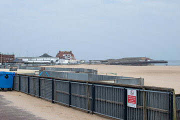 Gorleston beach in Norfolk, with views of Cliff Hotel and promenade.