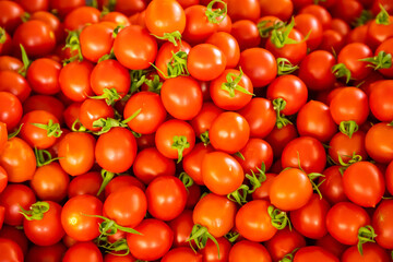 Group of tomatoes in turkish market in Antalia, Turkey. Red fresh tomatoes background