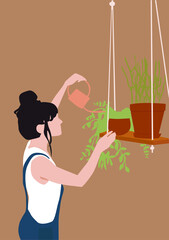 Illustration of a girl watering indoor flowers on the brown isolated background.