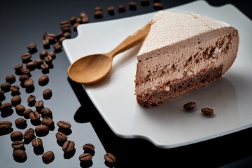 Delicate mousse cake with ground coffee beans and hazelnuts on a dark background