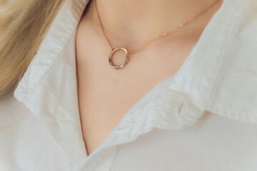 Close up Detail of a Beautiful Necklace in Glamour Shot - Image of a beautiful precious piece around model s neck.