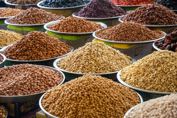 Dry nuts in turkish market in Antalya, Turkey. Nutrition And Vitamins. Healthy Raw Food. Food background