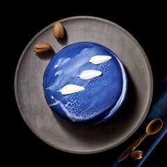 Delicate mousse cake covered with blue icing with a leopard pattern with ground pecans on a dark stone background