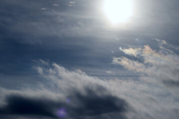 Fluffy grey and white cumulus clouds with some cumulus and nimbus formations contrast with the sky...