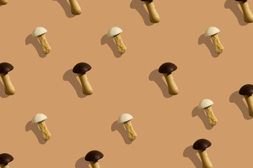 Mushroom cookies seamless pattern on a beige pastel background. Minimalism background