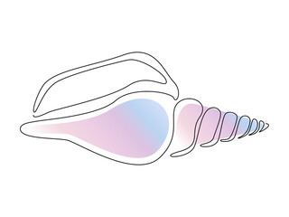 Spiral Seashell in One continuous line drawing style for logo or emblem. Abstract Sea Shell snail for marine life icon. Modern simple vector illustration with gradient color shape. Editable stroke