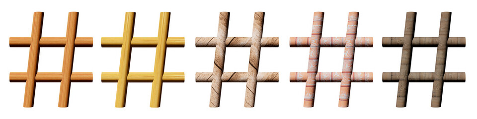 set of five hashtags with a wood texture. isolated white. 3d render