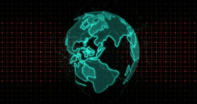 Animation of Вigital Globe rotating  Big data Earth 3D, future technology. Data transfer,  Eath surrounded by network connections. Plexus world map.