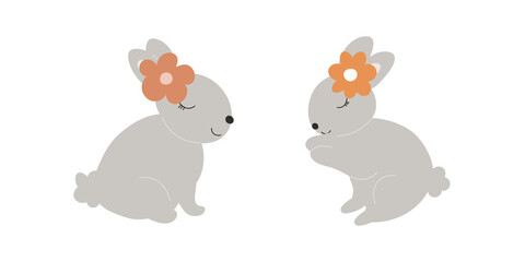 Grey Baby Bunnies with a flower on head. Little Sleep Rabbit. Cute Easter Animal. Hares Vector Spring illustration isolated on background. Design for card, print, book, kids story.	