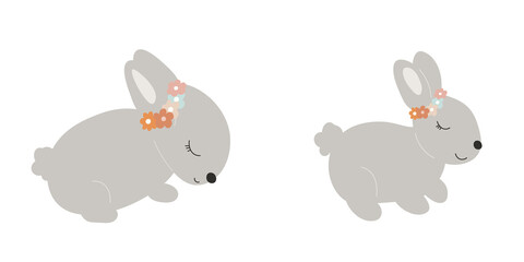  Grey Baby Bunnies with a floral wreath on head. Little Sleep Rabbit. Cute Easter Animal. Hares Vector Spring illustration isolated on background. Design for card, print, book, kids story.