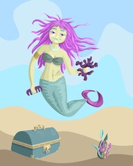 A cute sad smirking mermaid girl with pink hair, coral and hair comb in her hands. Undersea world with siren, pirate box of treasures and seaweeds on a sea bottom.