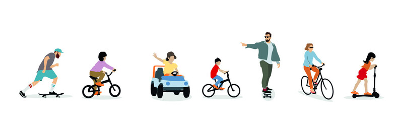 young people illustration, transport concept of kids on bicycle, car and skateboard