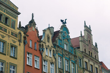 Fototapeta na wymiar GDANSK, POLAND - JULY 10, 2020 - a large old port city on the Baltic Sea, the city center and tourist place with a beautiful panoramic view on the front of historical buildings
