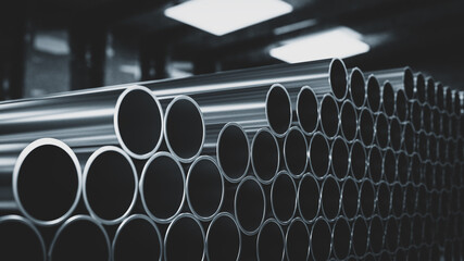 Steel tubes against an industrial blurred factory background