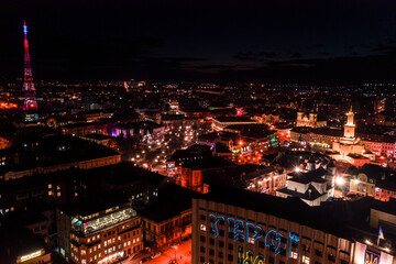 Night lights of the city of Ivano-Frankivsk, view of the city from above, aerial view, night shooting of the city.