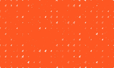 Seamless background pattern of evenly spaced white rocket symbols of different sizes and opacity. Vector illustration on deep orange background with stars