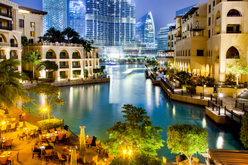 DUBAI, UAE - FEBRUARY 2018: Souk al Bahar hotel and shopping mall in Dubai, Burj Khalifa lake, UAE