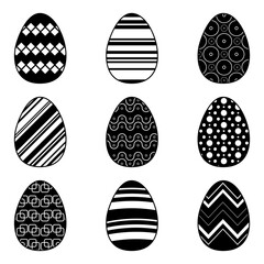 Set Easter eggs with different pattern on white background. Black icons collection for your design. Vector illustration