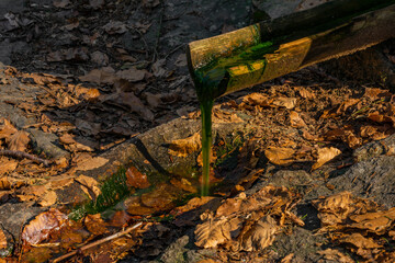 Small green spring with wooden pipe near Pancir hill in Sumava national park