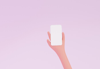 Close up cartoon style hand holding a smartphone with touch screen blank or white for advertising, on pastel background 3d rendering