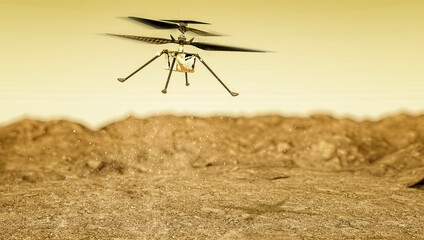 The Ingenuity drone-helicopter has separated from the Perseverance rover on Mars and prepares for its first flight. 3d render. Element of this image are furnished by NASA