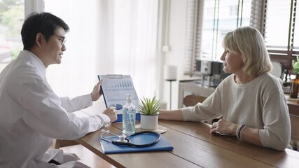 Concept of physicals consultant for elderly at home.Doctor explain to senior couple with annual check up report.Medical service delivery at home for elderly people.Health care concept. - Powered by Adobe