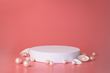 White podium on the pink background with pearls and seashells. Podium for product, cosmetic...