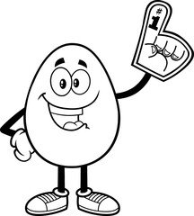 Outlined Easter Egg Cartoon Character Wearing A Foam Finger. Vector Illustration Isolated On White Background