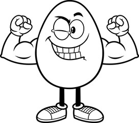 Outlined Strong Egg Cartoon Character Winking And Showing Muscle Arms. Vector Illustration Isolated On White Background