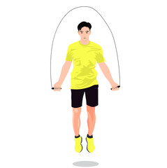 Obraz premium A man jumps on a rope. A person is engaged in sports, performs exercises. Loses weight by the summer. Training with a tool, cardio. Isolated on a white background.
