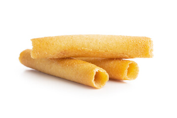 Sweet waffle tubes rolls isolated on white background.