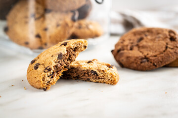 Tasty biscuits with chocolate. Sweet chocolate cookies