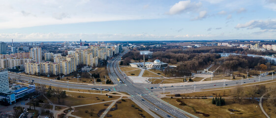 View of the city from above. Residential area in Minsk. Aerial view from drone in winter day. Urban concept.